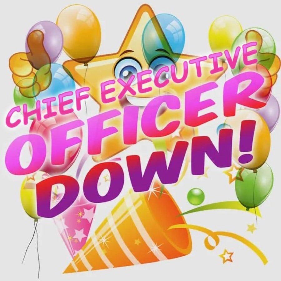 A collection of party themed clip art image and a big smiling star giving thumbs up. Text overlaid reads: Chief Executive Officer Down!