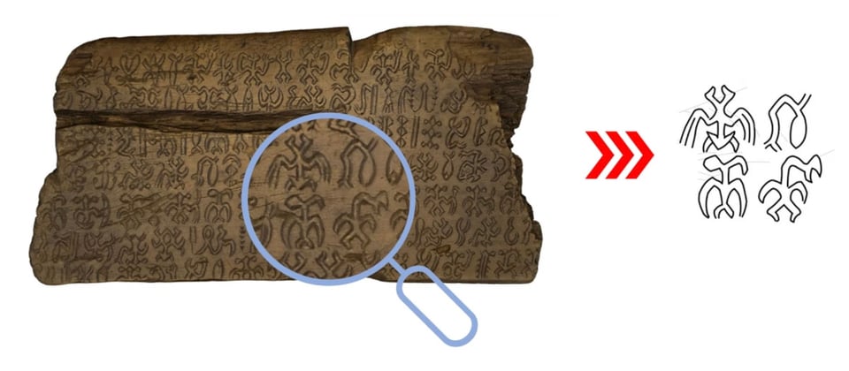 An image showing a piece of ancient cuneiform covered in glyphs. There is a image of a magnifying glass zooming in on four of the glyphs. One looks like a creature with bat wings. The other two look like funny, little alien shapes. The fourth looks like a little roadway path on a map