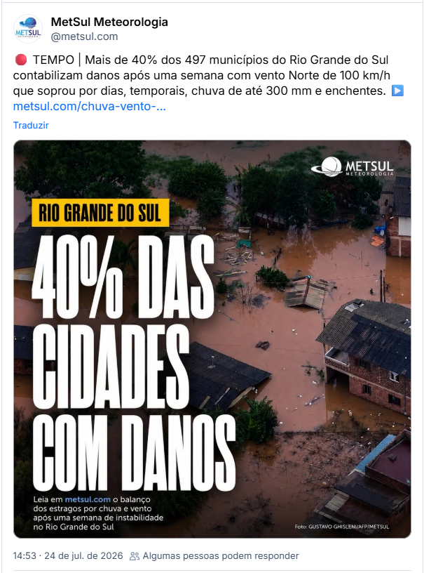 Post de MetSul Meteorologia (@metsul.com): 🔴 TEMPO | Mais de 40% dos 497 municípios do Rio Grande do Sul contabilizam danos após uma semana com vento Norte de 100 km/h que soprou por dias, temporais, chuva de até 300 mm e enchentes.
Post contém link para a matéria