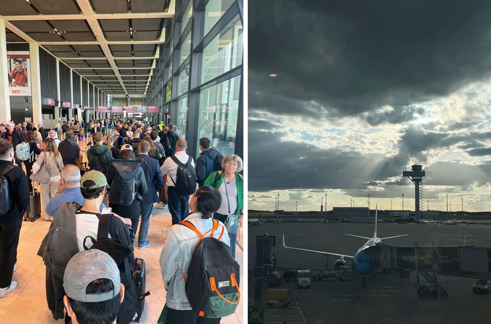 Two photos side by side. Left hand photo is of a mass of people standing in line at the airport. Right hand side is of the airplane at the gate with the sunlight pouring in through dark clouds behind it.