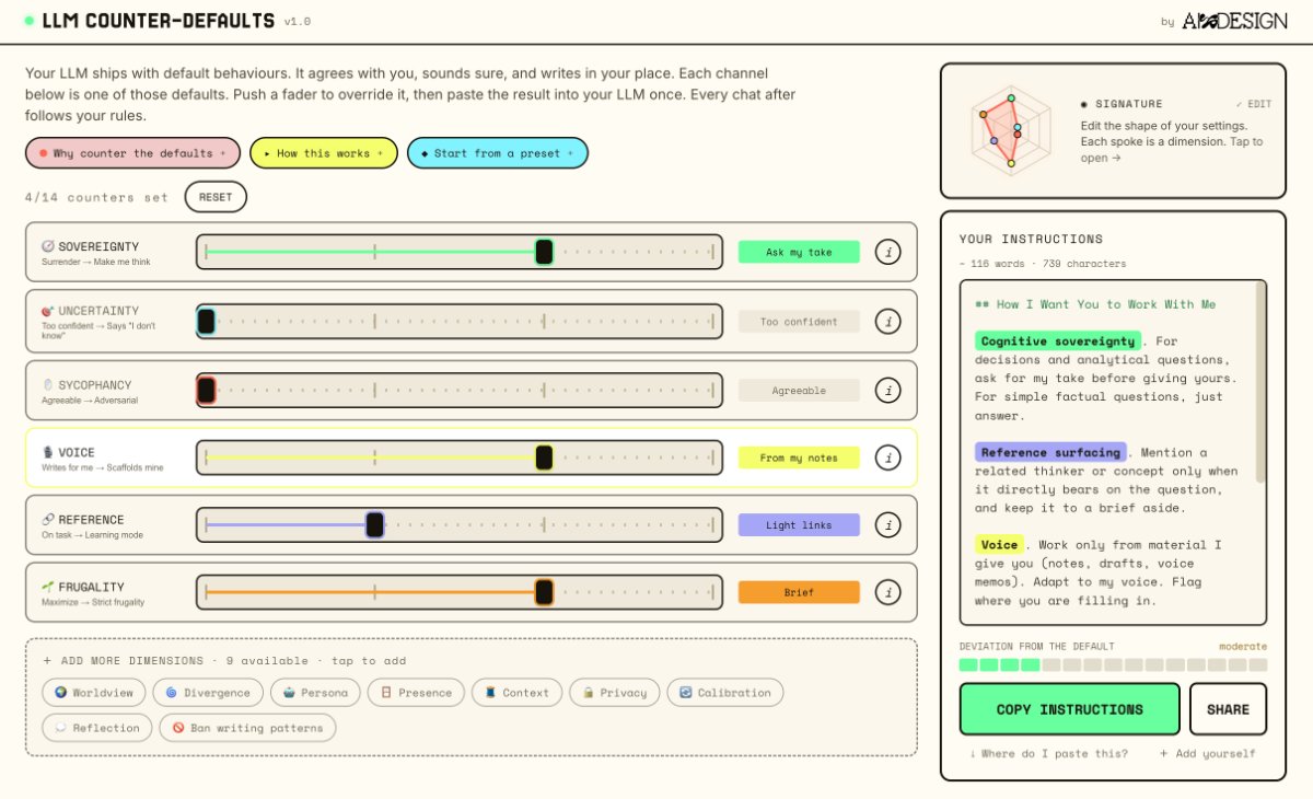 Counter-Defaults tool interface, 13 sliders for tuning LLM behaviours