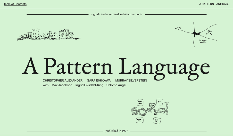 A webpage with a green background and A Pattern Language with little line drawings on it.