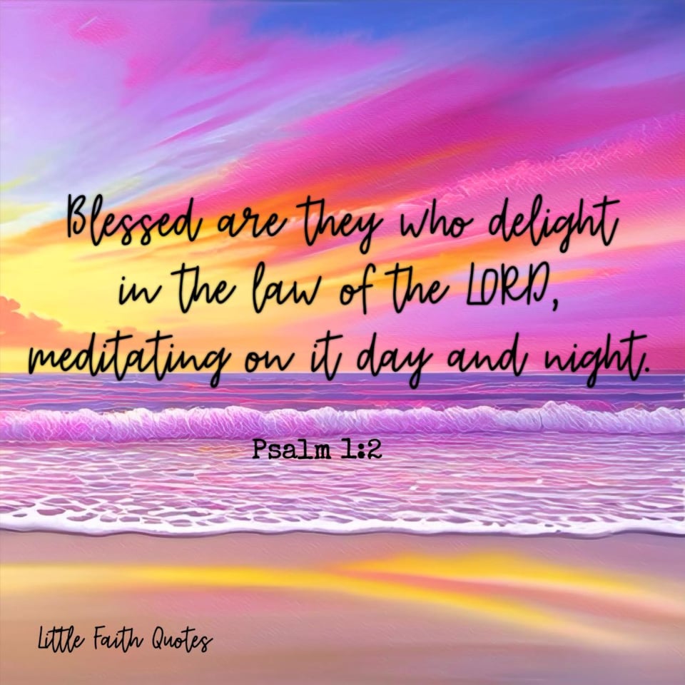 Blessed are they who delight in the law of the LORD, meditating on it day and night." ~Psalm 1:2. A beautiful violet, blue, and pink sunset bursts over a violet sea. Image by: @Little Faith Quotes.
