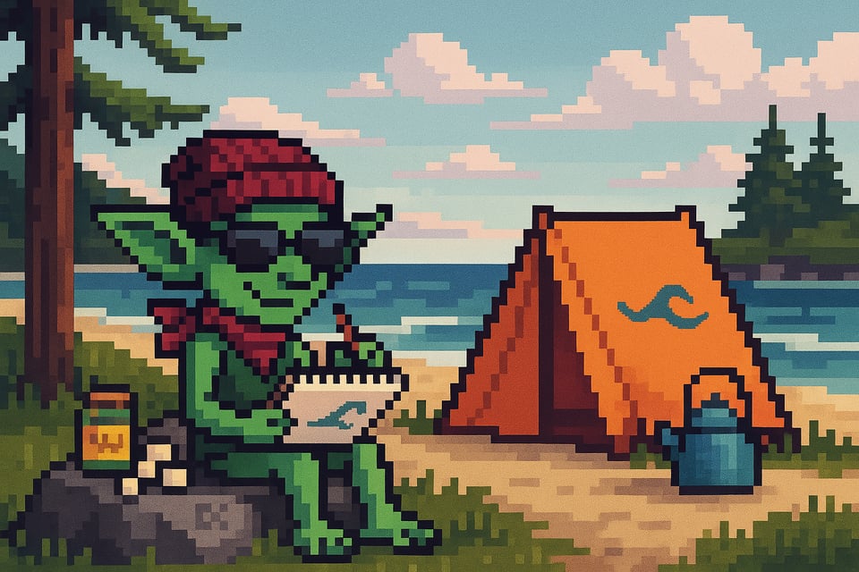 AI-generated pixel art image of a campsite beside a lake with a tent and teapot on the sand, with some trees and grass, and a goblin in sunglasses and a red hat and scarf, sitting on a rock and writing with pencil on a pad of paper.