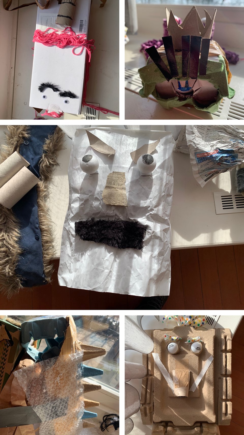 puppets made of paper, carton and other trash materials