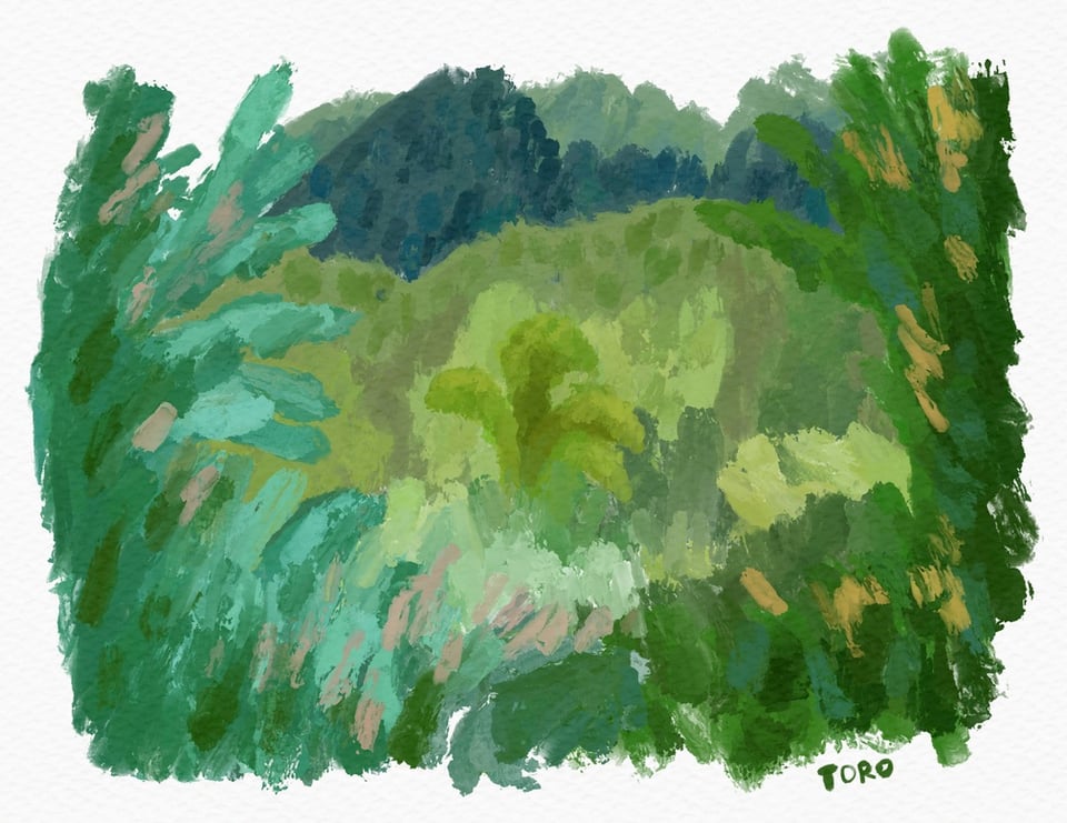 Blue and green mountain landscape illustration