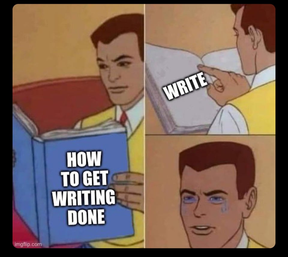 A meme with three images. First we see a man reading a book titled