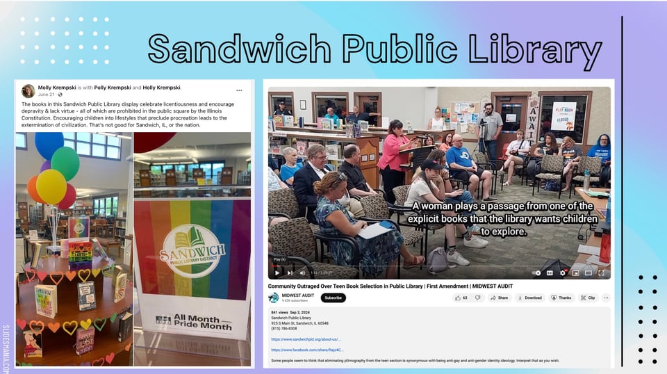 Slide featuring 2 social media posts about the ongoing attacks on Sandwich Public Library related to LGBTQ+ books on display during pride month 2024.