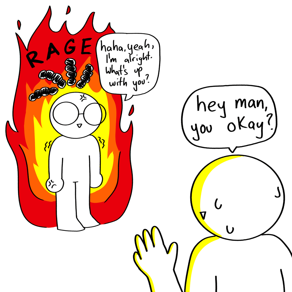 Vincent is engulfed in flames of rage. A person asks, "Hey man, you okay?" and Vincent replies, "Haha, yeah, I'm alright. What's up with you?"