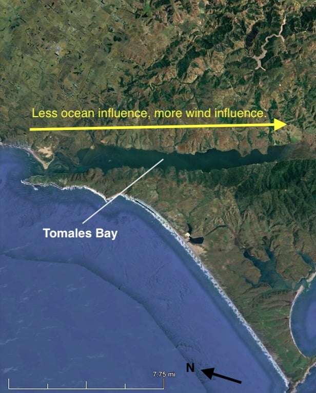 Satellite image of Tomales Bay, with indication up-bay of less ocean influence & more wind influence.