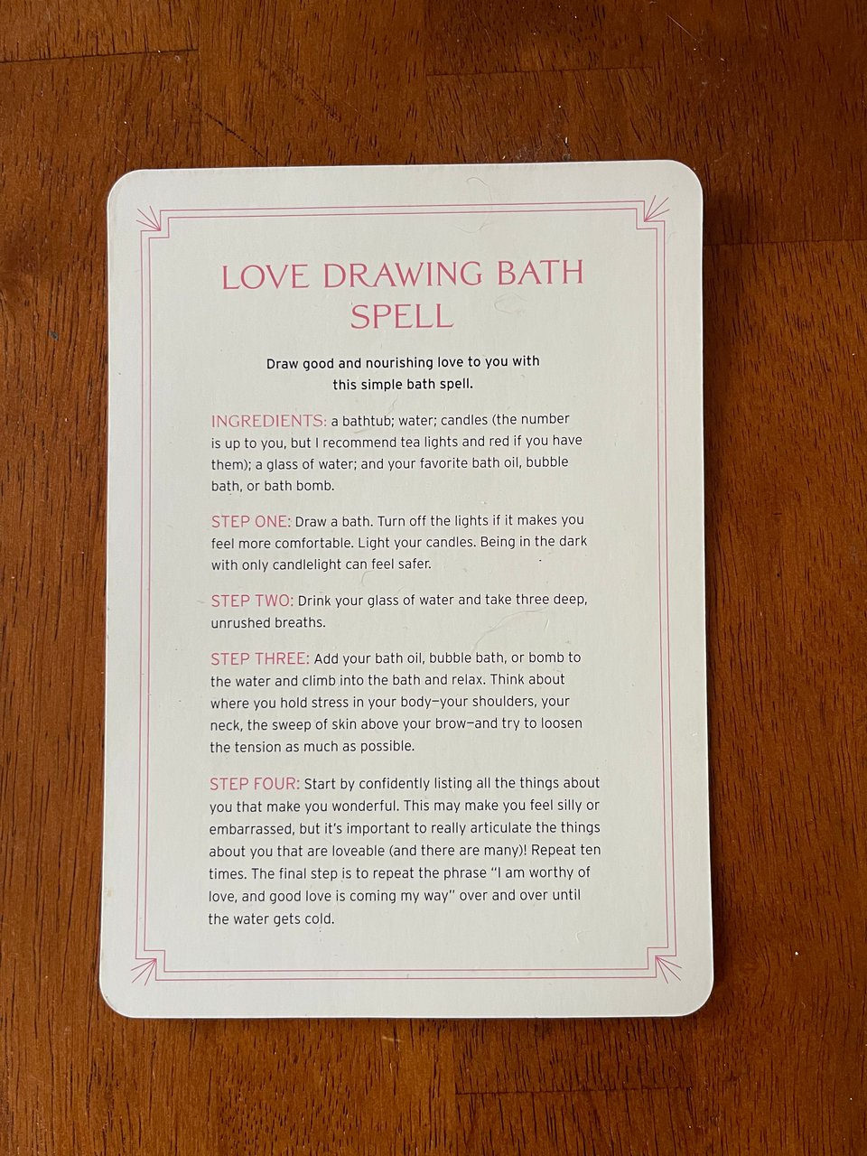 The card for the Love Drawing Bath Spell from Spells for Success.