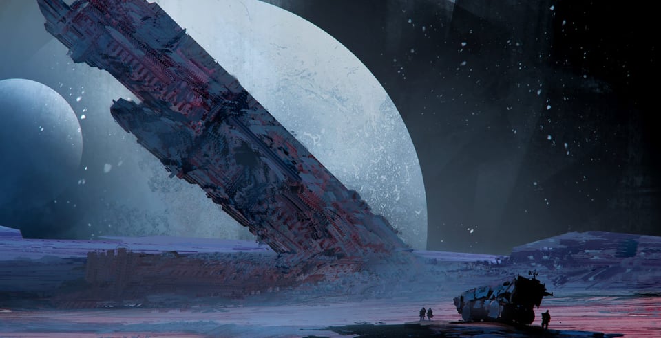 A ruined structure on a deserted moon