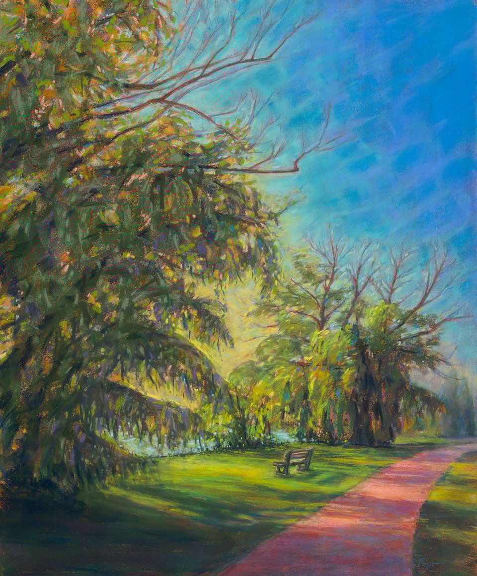 a pastel painting of willow trees by Mary Pow