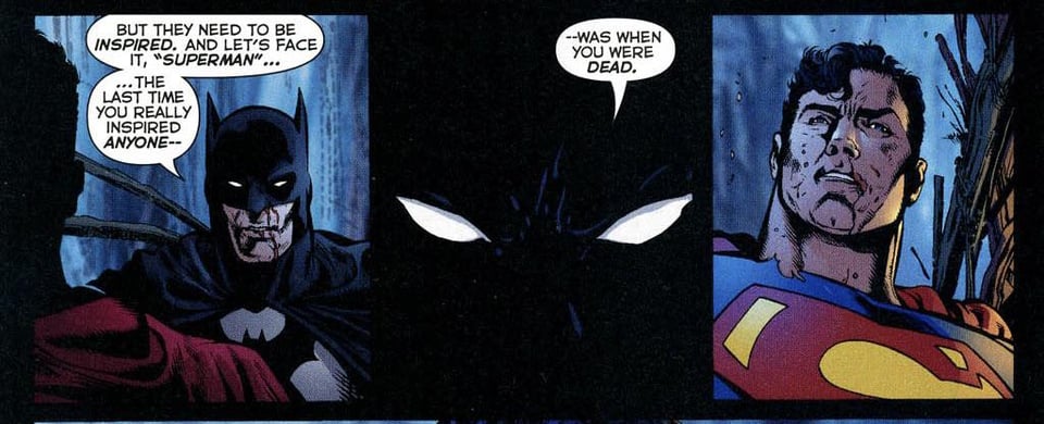 Three panels from a comic book in which Batman is negging Superman. The first shows Batman facing the back of Superman's head and Batman says