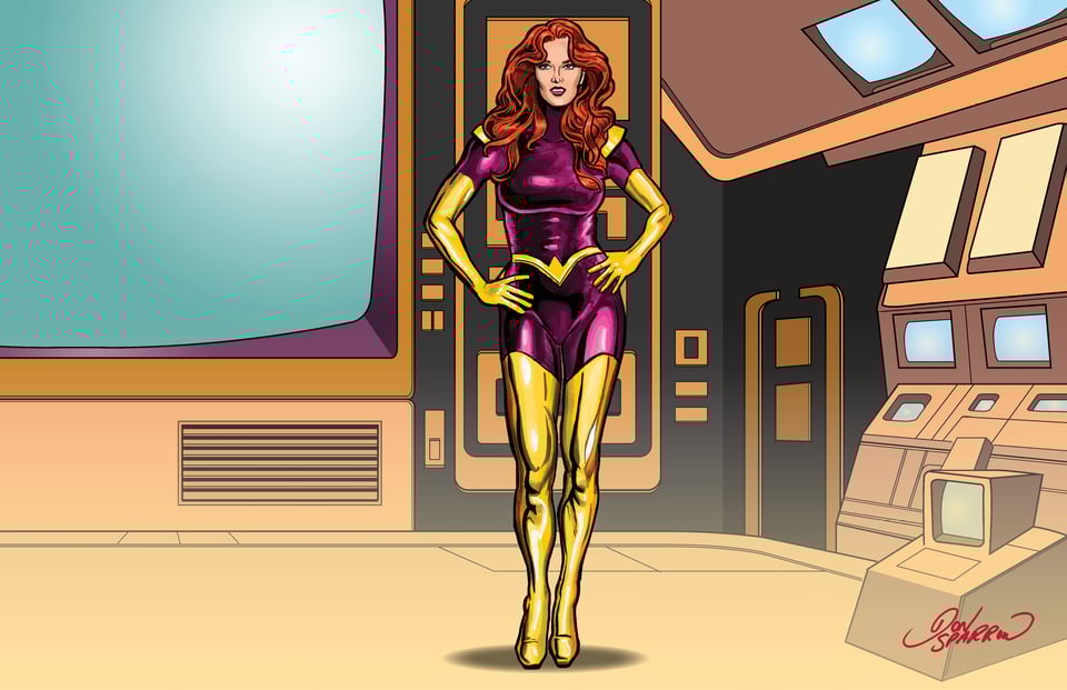 DC Comics' Maxima in her purple suit, as seen in Superman/Doomsday: Hunter/Prey, by Don Sparrow
