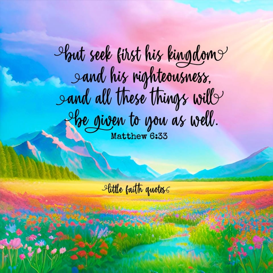 "But seek first his kingdom and his righteousness, and all these things will be given to you as well." ~Matthew 6:33. Blue and pink clouds pop in the sky over a beautiful meadow of wildflowers. Blue, snow topped mountains rise in the background. Image by: @Little Faith Quotes.