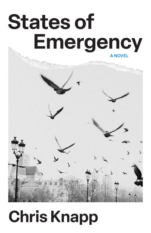 Thick white border with black sans serif text, title at top and author name at bottom, in-between a black and white photo of pigeons flying above a Parisian landscape of buildings and lamp posts