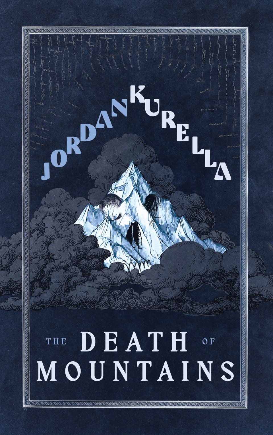 the cover image for THE DEATH OF MOUNTAINS by Inkspiral Design, a mountain with a skull sits nestled in grey clouds underneath the name Jordan Kurella, the title THE DEATH OF MOUNTAINS is underneath