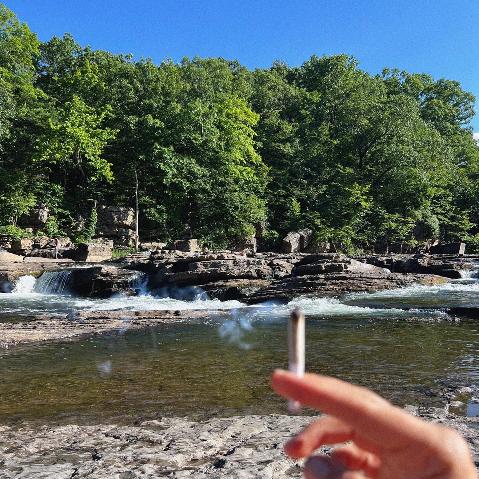 in the background a beautiful flood plain river, in the foreground a fat fuckin' doink