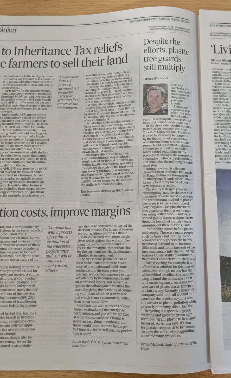 A Yorkshire Post column by Bruce McLeod, headlined Despite best efforts, plastic tree guards still multiply