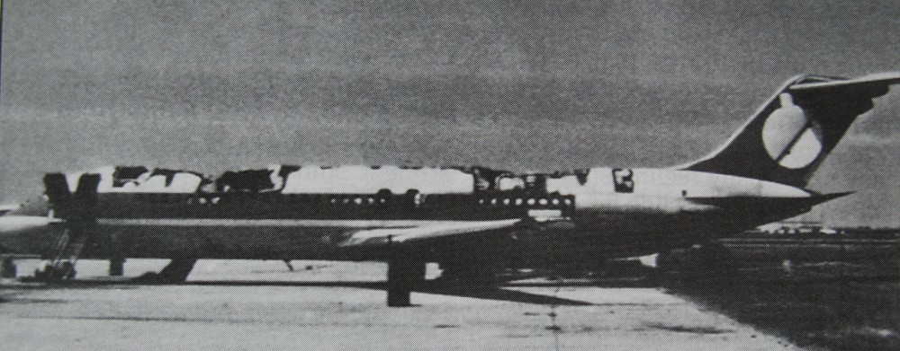 Air Canada Flight 797 (DC-9 C-FTLU) after emergency landing at Northern Kentucky Airport, showing fire damage to the aircraft exterior
