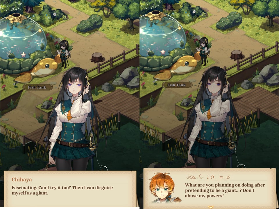 Two screen shots in which an elegant Japanese woman named Chihaya finds your growth ability fascinating, asks to try ot so she can disguise herself as a giant. Your character wants to know what she'll do after that.