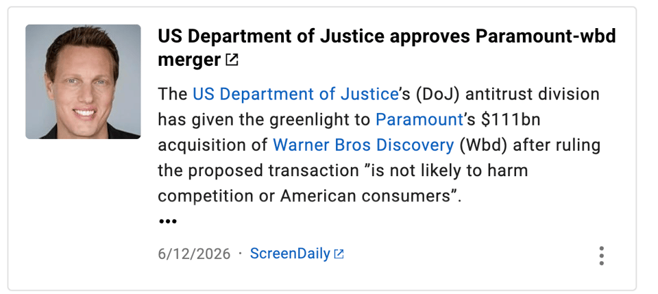 An image of Ellison announcing the DOJ allowing for the merger of Paramount and WBD.