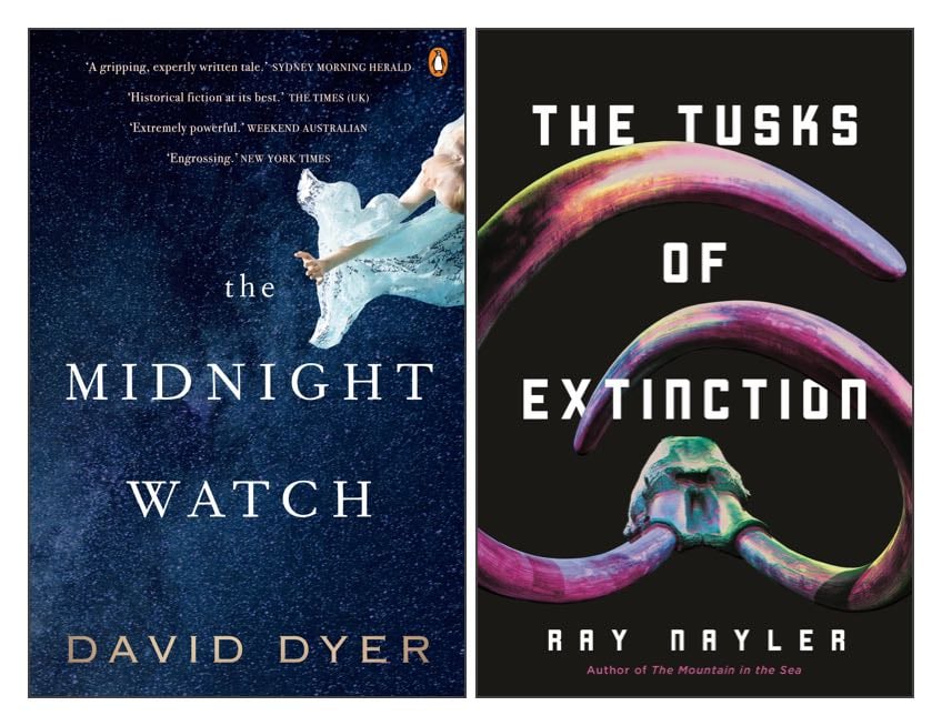 The covers of two books: The Midnight Watch and The Tusks of Extinction
