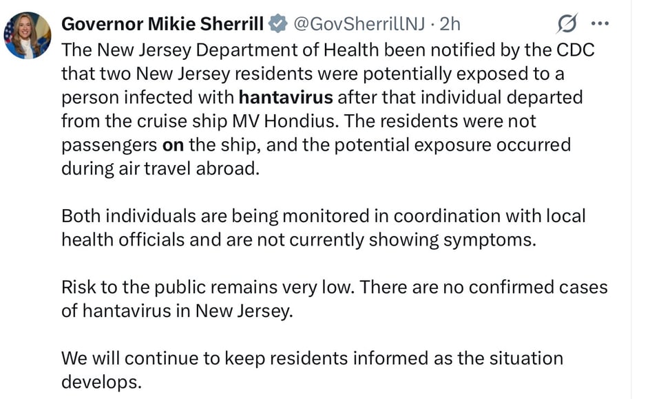  An update from New Jersey’s Governor on hantavirus monitoring in her state.