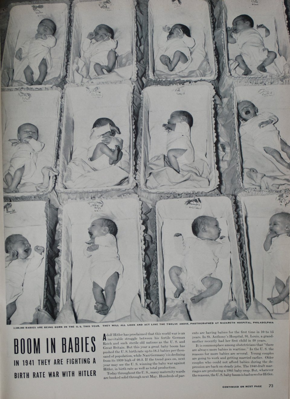 Demography as photography, Life magazine displays a grid of tiny white babies in a hospital in 1941