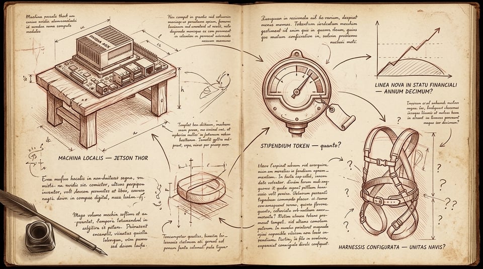 Da Vinci notebook spread with marginalia: a Jetson AGX Thor on a small workbench labeled MACHINA LOCALIS, a brass token-cost gauge labeled STIPENDIUM TOKEN — quanto?, a half-configured harness with question marks labeled HARNESSIS CONFIGURATA — UNITAS NAVIS?, and a small chart of a rising line labeled LINEA NOVA IN STATU FINANCIALI. Sepia ink on parchment, inkwell and quill in the corner.