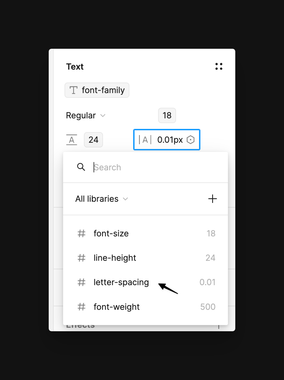 A screenshot showing the application of variables within Figma's text settings panel.