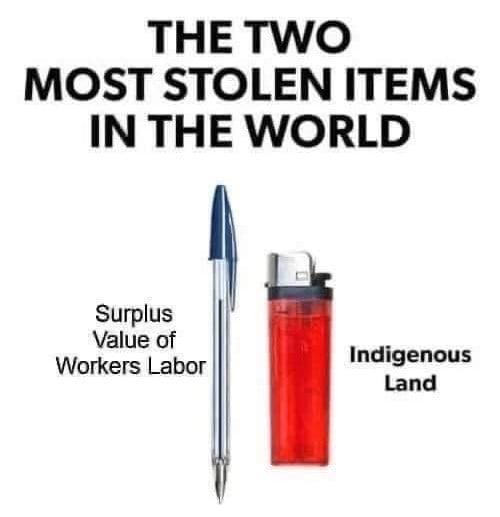 Top text reads: THE TWO MOST STOLEN ITEMS IN THE WORLD. Beneath is an image of a Bic pen and a non-Bic lighter, but the pen is tagged with the text "Surplus Value of Workers Labor" and the lighter is tagged with the text "Indigenous Land"