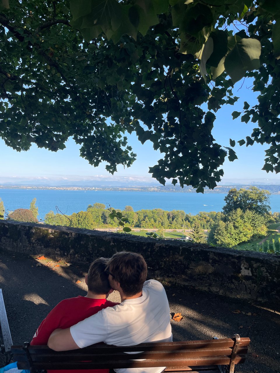 A man kisses the top of a child's head as they overlook a huge lake in the distance.