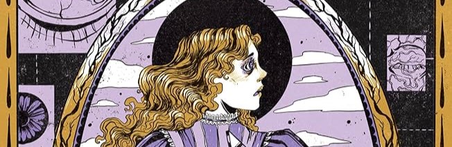 A section of the cover of The Spirit Bares Its Teeth showing a young man with long blond hair on a purple background. anatomical illustrations of eyes can be seen in the background