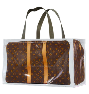 A large plastic shopping bag covered by a photo of a Louis Vuitton bag