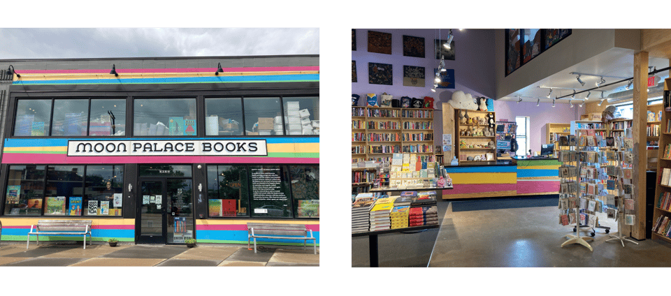 storefront and interior shots of Moon Palace Books