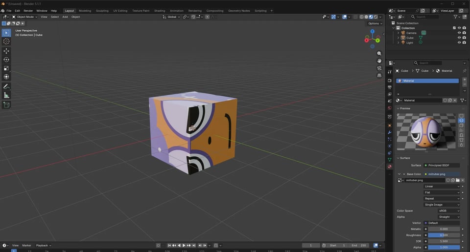 The Blender default cube but the texture is a weirdly wrapped PNG of my sona as a Mii. Also the material preview on the side wrapped it into a ball.