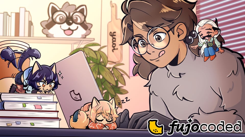 The fujocoded socials banner, with the logo in the bottom right corner. Boba-tan is hard at work typing upon her laptop, which is decorated with a Fujocoded lemon sticker. Terminal rests upon her shoulder for moral support. A raccoon fursuit head is stacked on a shelf; a beautiful and food-safe wooden cheese board emblazoned with the word “yaoi” hangs from the wall. In the foreground are Git, curled up and fast asleep with little z’s floating near him, and GitHub, perched upon a stack of books and ready to pounce.