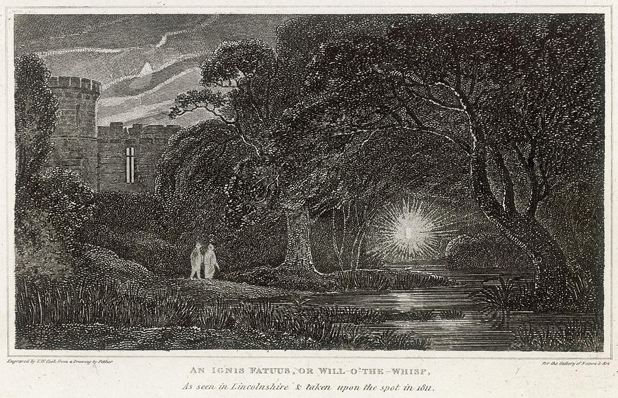 An 1811 etching titled An Ignis Fatuus, or Will-o’-the-Whisp, depicting two figures walking near a castle through a wooded landscape at night. A glowing orb of light hovers over a stream, illuminating the trees and reflecting on the water, symbolizing the mysterious natural phenomenon of a will-o’-the-wisp.