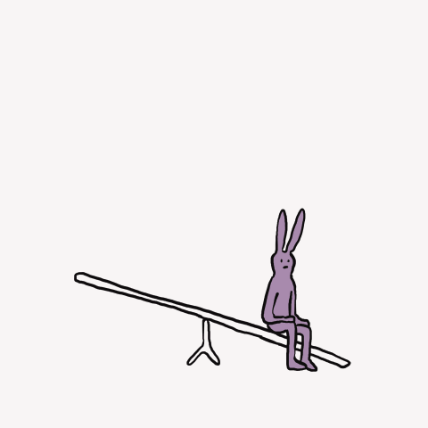 Animated gif of a book falling on a teeter totter, launching a cartoon bunny into the air