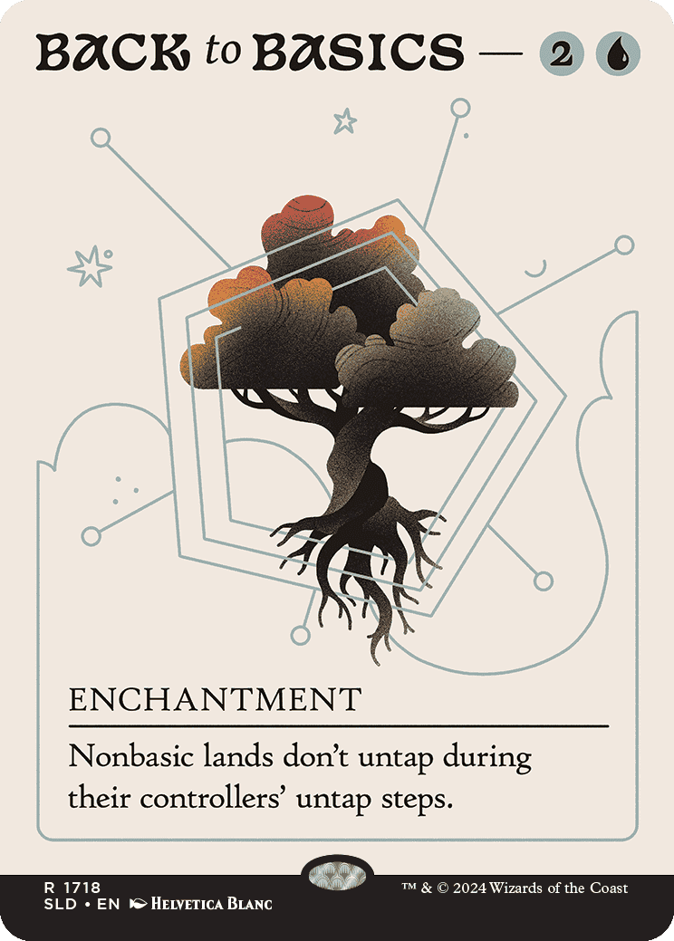 The MtG card 'Back to Basics', which depicts a tree hovering in space, bound by sigils.