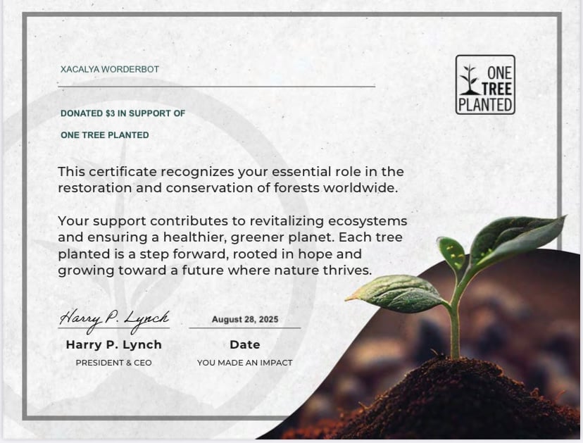 Certificate showing $3 donation to One Tree Planted non-profit organization.