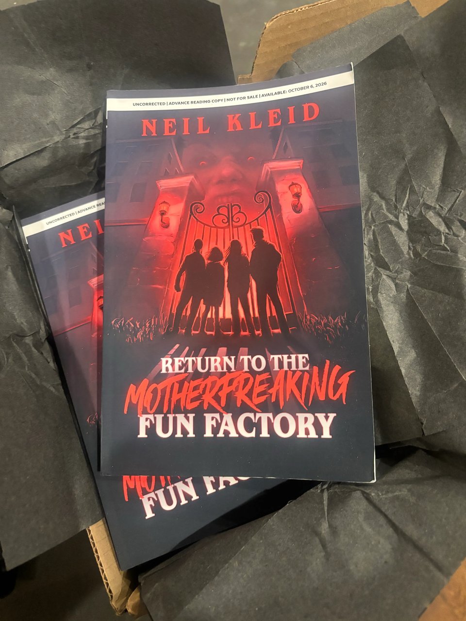 a box of uncorrected advance reader copies of Return to the Motherfreaking Fun Factory, a horror novella by Neil Kleid