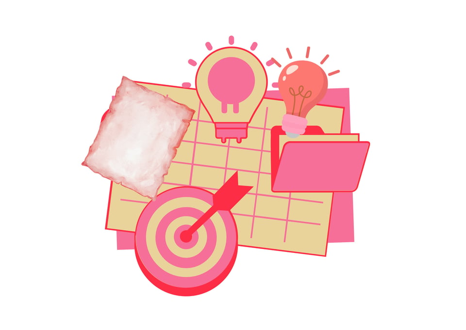 This vibrant, stylized illustration utilizes a bold pink color palette to visualize creative strategy and goal achievement, featuring a bullseye target, glowing light bulbs, and organized project folders