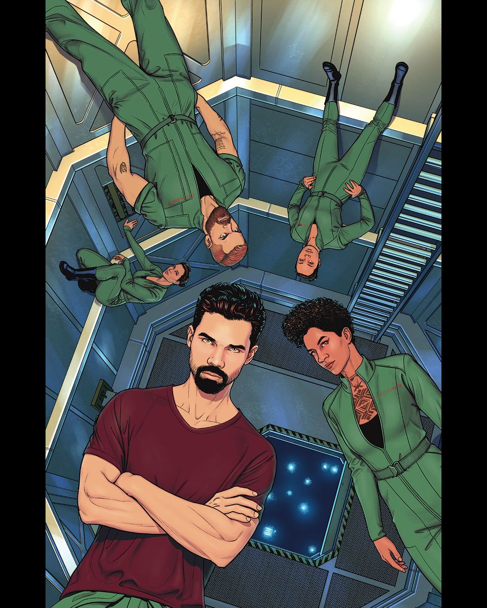 EXPANSE: DRAGON'S TOOTH #1 cover, featuring the crew of the Rocinante standing in various walls in the cargo bay of the ship, thanks to the lack of gravity and their magnetic boots