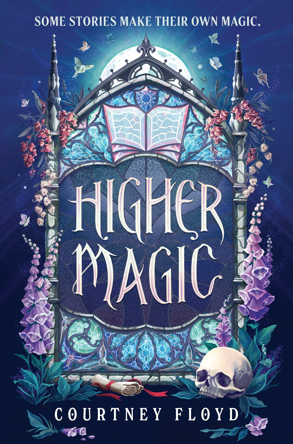 Higher Magic Book Cover: an illustration of a stained glass window in the tower of a gothic university building with the moon rising behind it. Along the building, purple foxgloves and dark pink snapdragons grow. Moths flutter in the moonlight. The stained glass depicts a shield and book above the words Higher Magic in a wild branching font with swirling, ghost-like shapes beneath it.