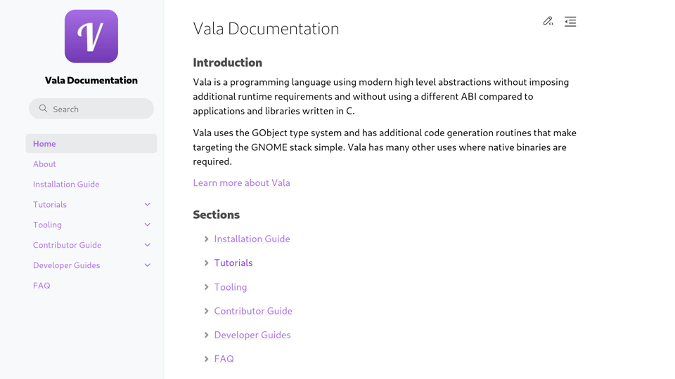 Vala Documentation Website Homepage (Light Colour Scheme)