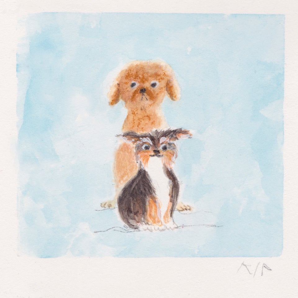 A painting by Kip Alizadeh of two dogs sitting looking cheeky