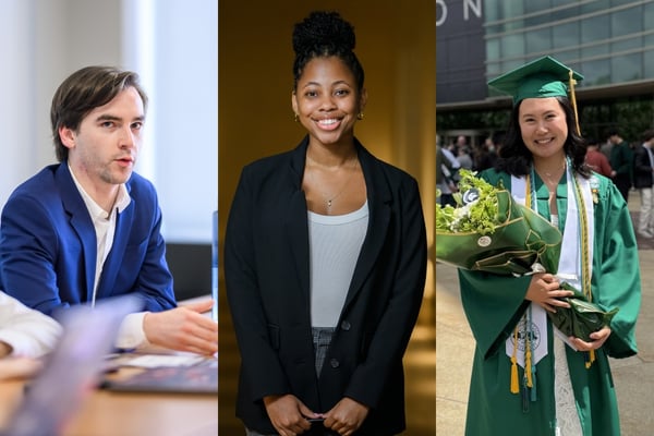 Collage featuring three JMC graduates: one is speaking at a table, the second is posing for a professional portrait and a graduate in a green cap and gown holding flowers.